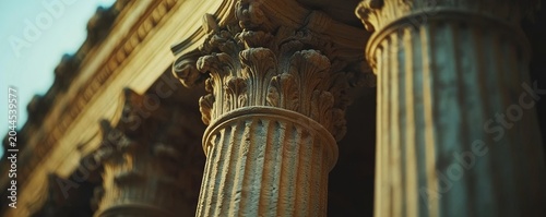 A row of classic Greek-style columns with an emphasis on the texture and detail, symbolizing strength in law, Generative AI