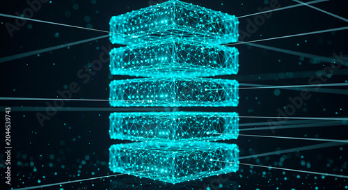 Glowing data server architecture represented by complex network nodes and light beams on transparent background