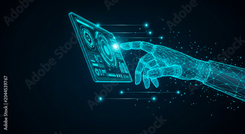 Digital robotic hand interacting with a futuristic holographic screen interface shown on transparent background