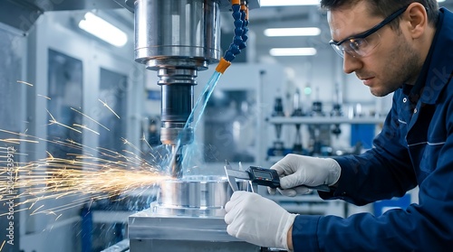 Industrial precision machining worker operating CNC machine with sparks flying, using calipers for accurate measurement, safety glasses and gloves.