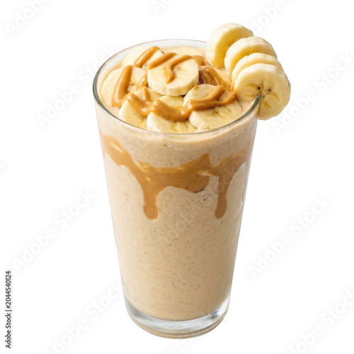 Peanut butter banana smoothie in glass isolated on transparent
