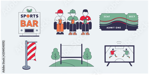 Community sports bar viewing event with men watching on screen, a banner, tickets. Sports concept. Vector illustration for design