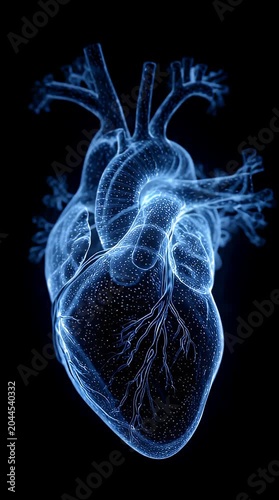 Human heart anatomy in blue medical X-ray style illustration showing science biology and healthcare concepts.