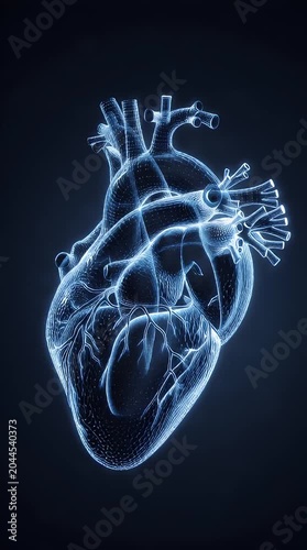 Human heart anatomy in blue medical X-ray style illustration showing science biology and healthcare concepts.