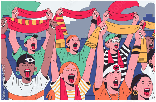 Crowd of diverse people, men and women, cheering with scarves raised up. Live stadium supporter energy. Vector illustration for banner