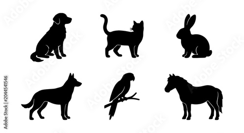 Photography Black Animal Silhouettes: Dog, Cat, Rabbit, Horse, Parrot, German Shepherd Icons