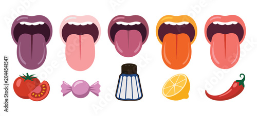 Photography Taste Bud Exploration: A vibrant collection of open mouths with distinct tongue colors paired with iconic food elements representing diverse flavors – a juicy tomato, a sweet candy