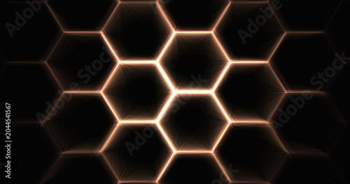 Abstract Glowing Golden Hexagonal Grid Pattern on Black Background, Futuristic Technology and Cyber Security Network Texture for Digital Design
