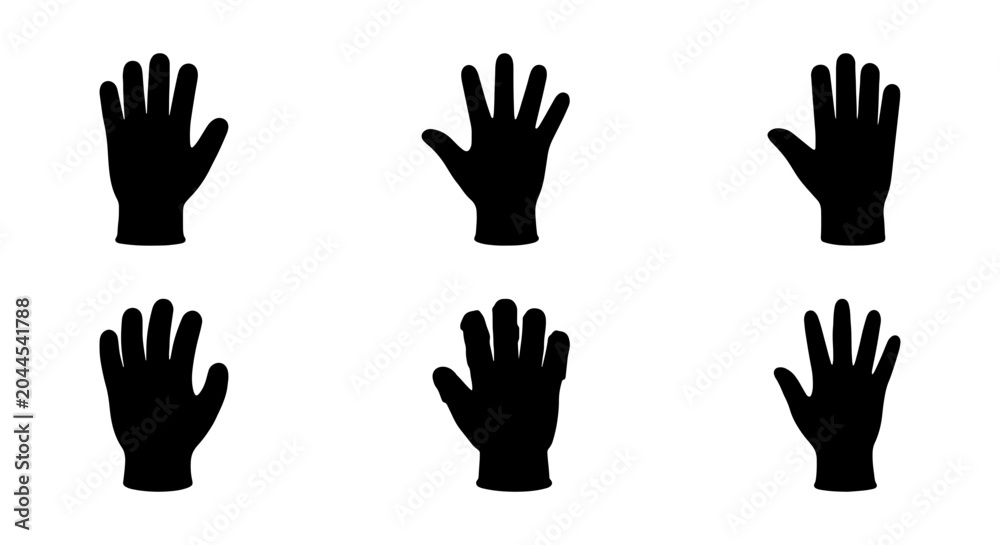 Obraz premium Six Black Silhouette Hands, Open Palm, Vector Icons Set, Simple Graphic Elements