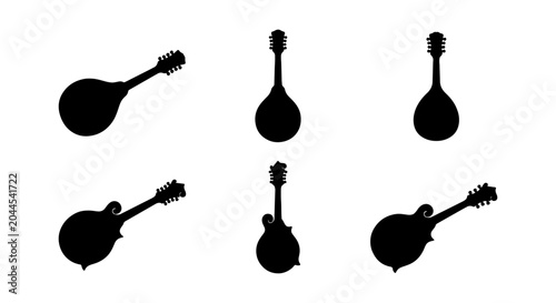 Schilderij op canvas Mandolin Silhouettes, String Instrument Icons, Musical Graphics, Vector Set