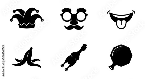 Картината върху платно Funny Icons Set: Jester Hat, Disguise Glasses, Tongue Mouth, Banana Peel, Squeak