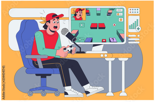 Male streamer playing video game, shocked expression. Live streaming and online entertainment concept. Vector illustration for digital culture
