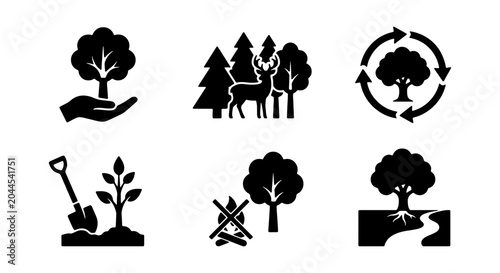 Foto Forest Ecosystem Icons: Nature, Wildlife, Growth, Conservation, Planting, Recycl