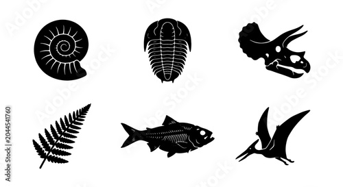 Canvastavla Fossil Icons Set: Dinosaur Skull, Trilobite, Ammonite, Fern, Fish, Pterodactyl