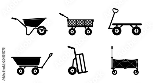 Bild auf Leinwand Garden Carts, Wheelbarrows, Trolleys: Vector Icons Set for Outdoor Work