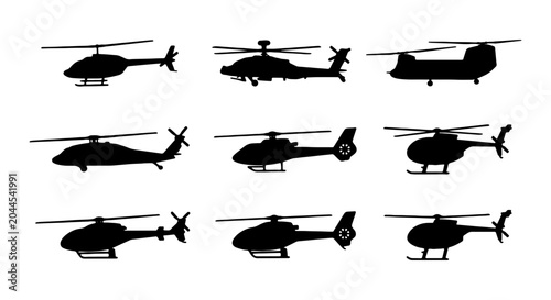 Foto Helicopter Silhouettes Collection, Aviation Icons, Rotorcraft Vector Set