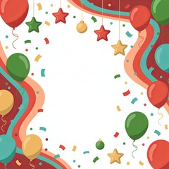 Festive party background, with balloons, hanging, stars, and confetti