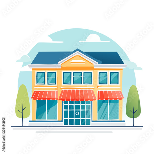 Flat design illustration of a yellow building with red awnings