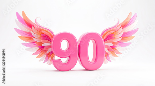 Pink 90 Number with Angel Wings – Elegant 3D Anniversary Celebration Illustration