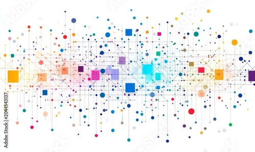 minimalist line art of an isometric network with colorful blocks and dots on a white background, Generative AI