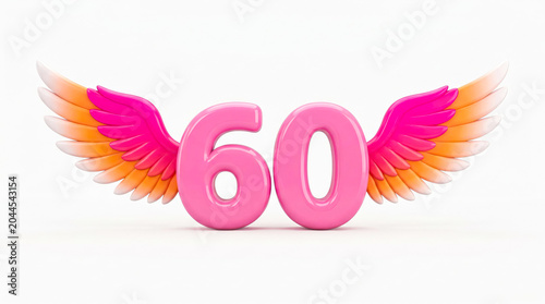 Pink Winged Number 60 - Glossy 3D Anniversary Celebration Milestone Symbol Isolated on White Background