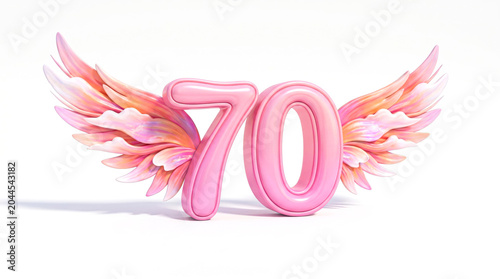 Pink Number 70 with Angel Wings – Elegant 3D Birthday Anniversary Milestone Celebration Symbol Isolated on White Background