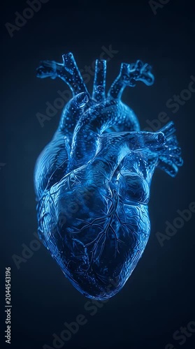 Human heart anatomy in blue medical X-ray style illustration showing science biology and healthcare concepts.