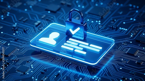 Digital identity card security lock symbol on glowing blue circuit board background, cybersecurity concept illustration.