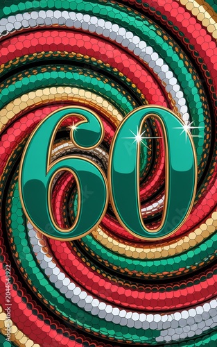 3 d metallic number 60 on a swirling red, green, and gold sequin background