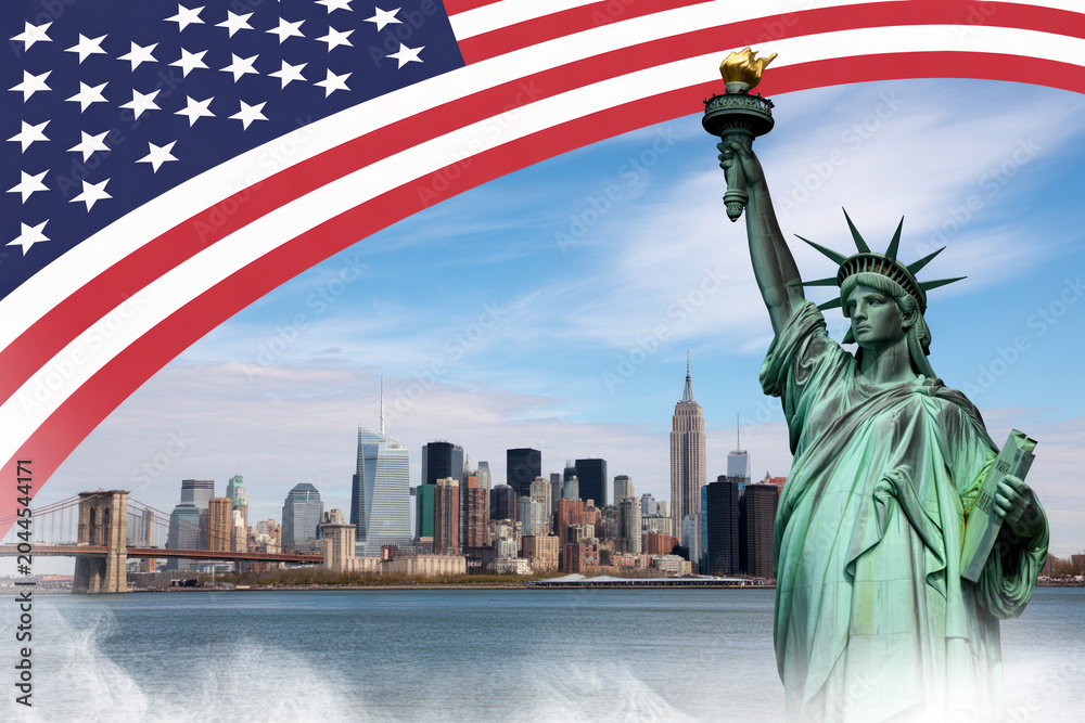 Fototapeta premium Statue of liberty with new york city skyline and american flag, symbolizing freedom and patriotism in the united states of america, Architecture and building with tourist concept