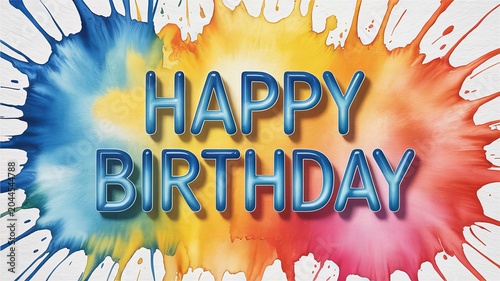 Happy birthday text with blue 3 d letters on a colorful watercolor splash background