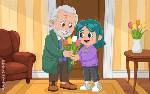 Elderly man giving a bouquet of colorful tulips to a young girl in a living room