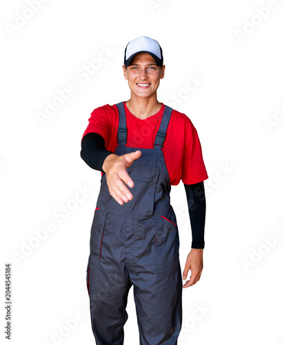 Photography POV of a friendly female technician extends her hand for a handshake