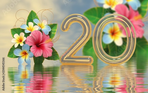 Number 20 with tropical hibiscus and plumeria flowers on water