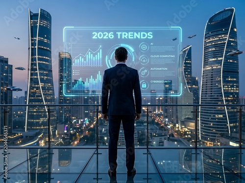 Businessman faces digital interface with trend analysis against futuristic cityscape.