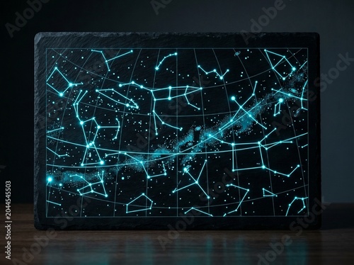 Minimalist star map etched on black slate with glowing neon cyan constellations and geometric lines