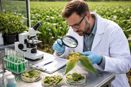 Un agrónomo inspecciona hojas de cultivos enfermas con una lupa en un laboratorio de campo