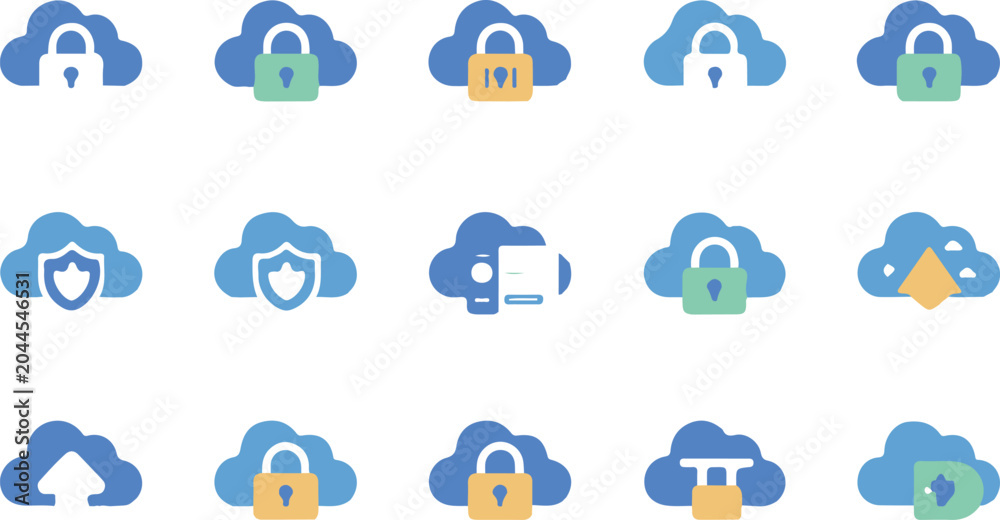 Fototapeta premium Cloud security and data storage protection vector icon set. Flat colorful cloud computing, digital privacy padlock, and online hosting safe elements for UI UX design
