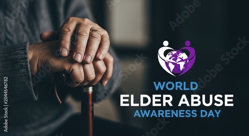 World Elder Abuse Awareness Day dark poster with hands resting on a cane and purple icon