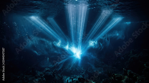 Mystic bioluminescent underwater radiance with radiating light patterns bioluminescence deep glowing