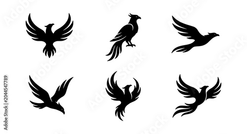 Foto Phoenix Vector Icons Set, Mythical Bird Silhouettes for Fantasy and Legend Desig