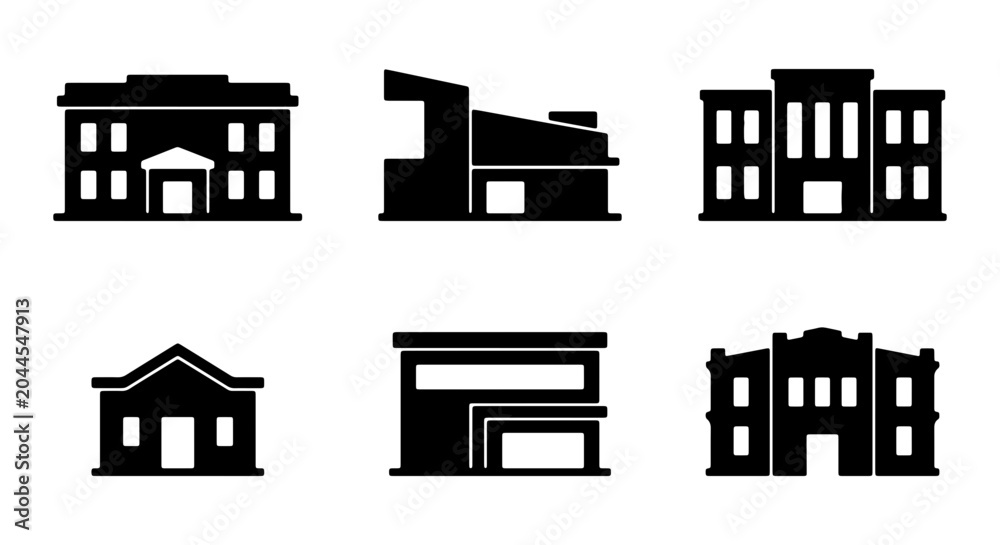 Naklejka premium Modern and Classic Building Icons, Architectural Facades, City Structures, Vector Set
