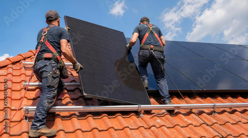 Professional Installers Mounting Solar Panels on a Residential Roof