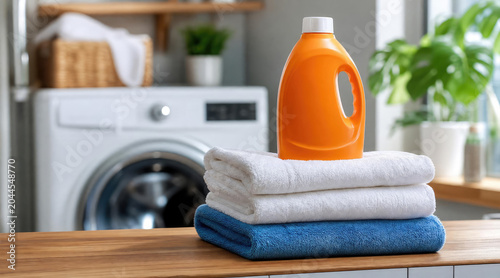 Freshly Laundered Towels, Detergent Bottle in Modern Laundry Room