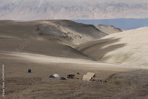 Foto A remote expedition base camp with tents and pack horses in a barren mountain valley overlooking a scenic blue lake in Ladakh, Himalayas