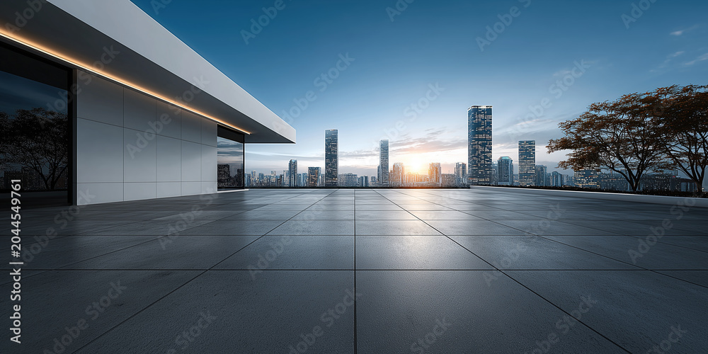 Fototapeta premium Terrace with tiled flooring, glass windows, overlooking city skyline at sunrise. Copy space ideal as background, commercial presentations, real estate marketing and corporate design projects.