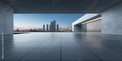 Expansive minimalist architectural space with sleek tiled flooring and contemporary design elements opening to panoramic city skyline at dusk. Ideal as a background for product displays.