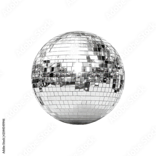 Mirrored disco ball reflects light, set against a stark black background