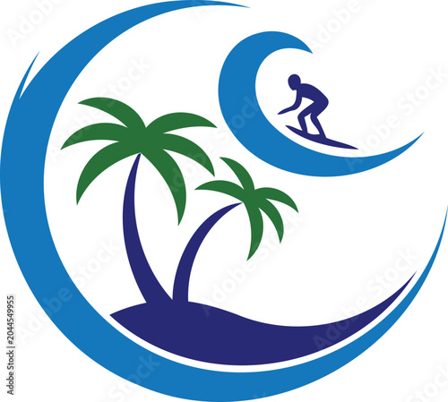 Photography Stylized surfing icon with palm trees and ocean wave for summer vacation and bea