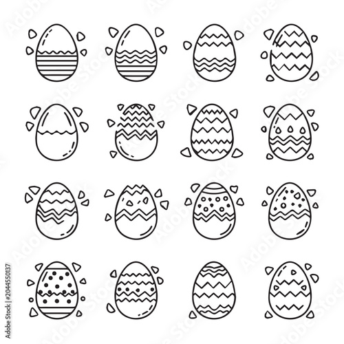 Decorated Easter Eggs in a Grid Pattern with Geometric Accents on a White Background